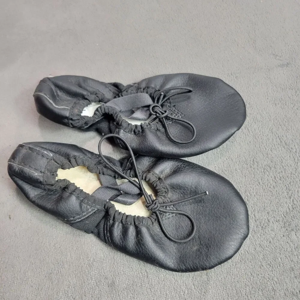 Black Leather Ballet Shoes Size 11 With Elastic Drawstring For Girls Soft Sole D